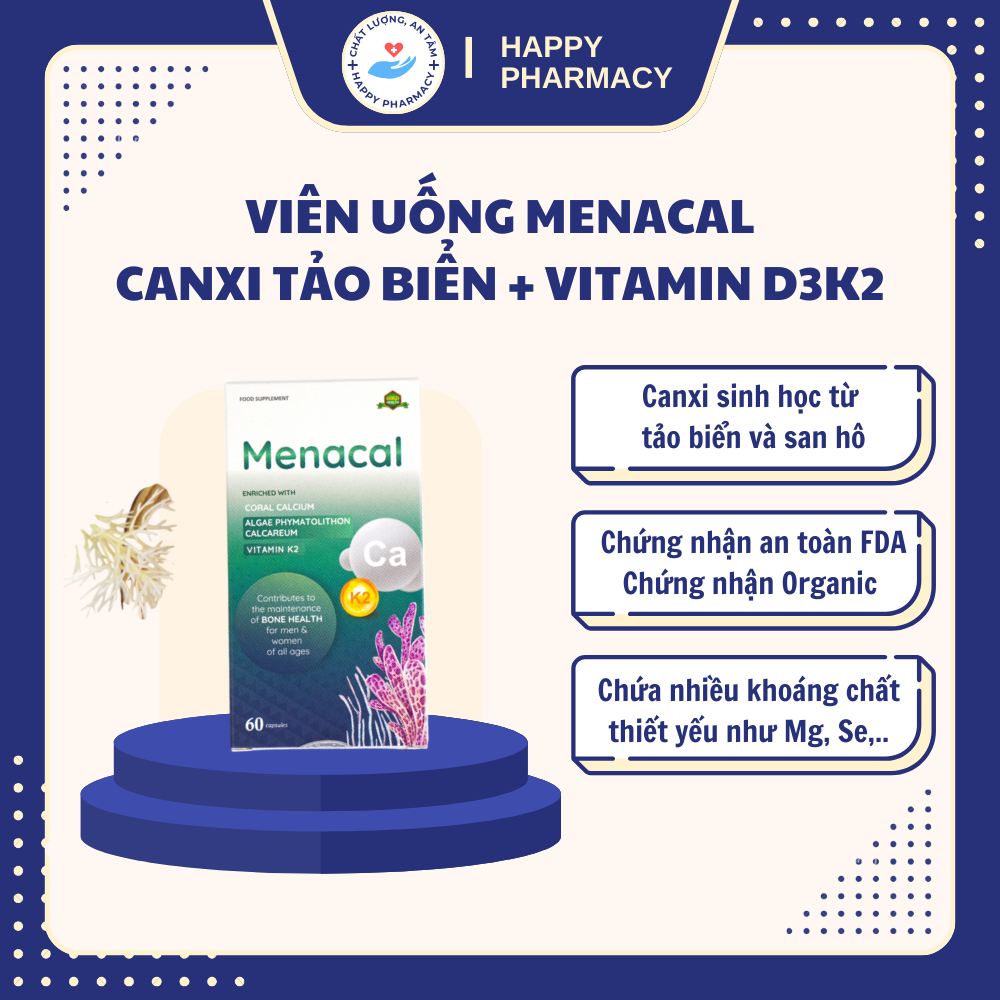 Canxi EU tảo biển Aplicaps Menacal bổ sung Canxi, vitamin D3-K2 hộp 60 viên
