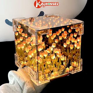 Đèn Ngủ LED Hoa Tulip Vuông Kích Thước 12x12cm Tráng Gương Handmade Quà Tặng Sinh Nhật