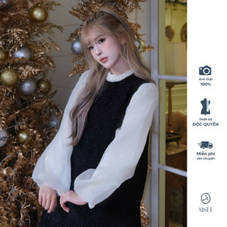  AISEE - Váy tweed đen cổ ngọc tay voan bồng bềnh tiểu thư 