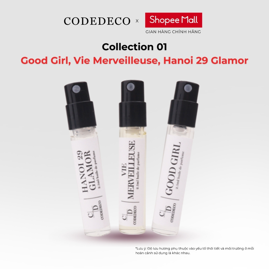 Combo 03 chai tinh dầu thơm CODEDECO 2.5ml collection 01 Good Girl, Vie Merveilleuse, Hanoi 29 Glamo