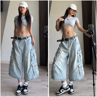 (ẢNH THẬT) Quần Lửng Cargo Túi Hộp Màu Xanh Sáng, chất jean dày dặn, siêu cá tính,  unisex nam nữ đều mặc được