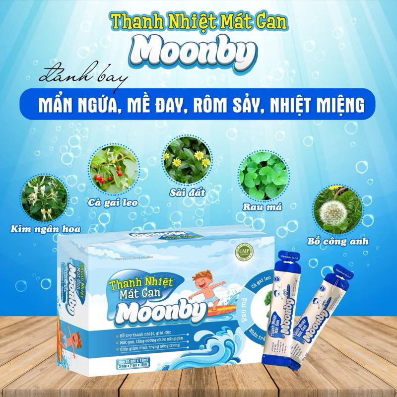 Thanh nhiệt Mát gan Moonby (gói) Xuất xứ: Việt Nam Quy cách đóng gói: 3 hộp nhỏ x 7 gói x 10ml