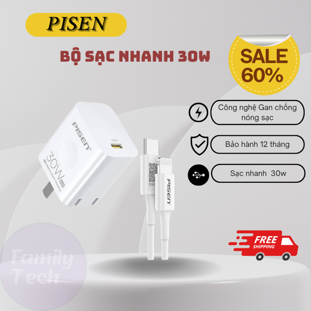Bộ sạc nhanh 30w Pisen Chuẩn PD và TYPE C SẠC NHANH,  CHÍNH HÃNG PISEN BẢO HÀNH 12 THÁNG