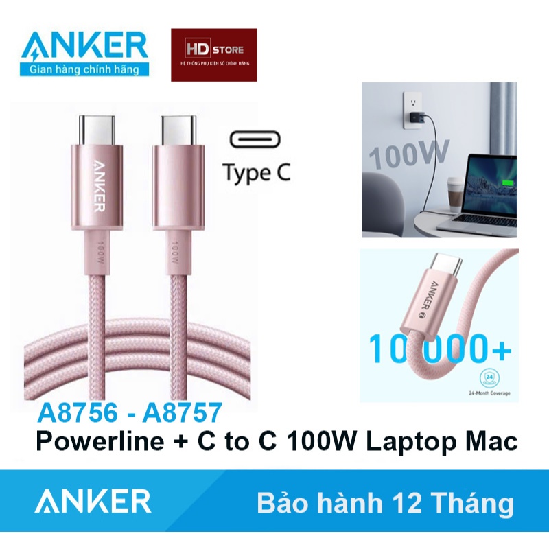 Cáp sạc nhanh ANKER Type C bọc dù 100W cho IP15PRM 16PRM 17PRM Laptop Điện Thoại - A8756 A8757 dài 0