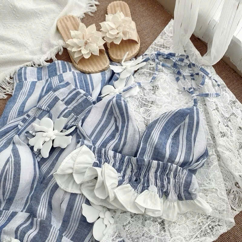[BKN 063] set Bikini đi biển 3 món KAKI SỌC, bra đính hoa,kèm khăn siêu xinh HÀ Bikini | BigBuy360 - bigbuy360.vn