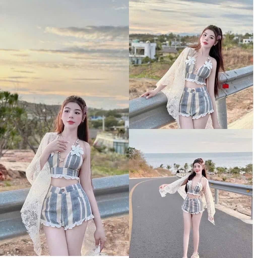 [BKN 063] set Bikini đi biển 3 món KAKI SỌC, bra đính hoa,kèm khăn siêu xinh HÀ Bikini | BigBuy360 - bigbuy360.vn