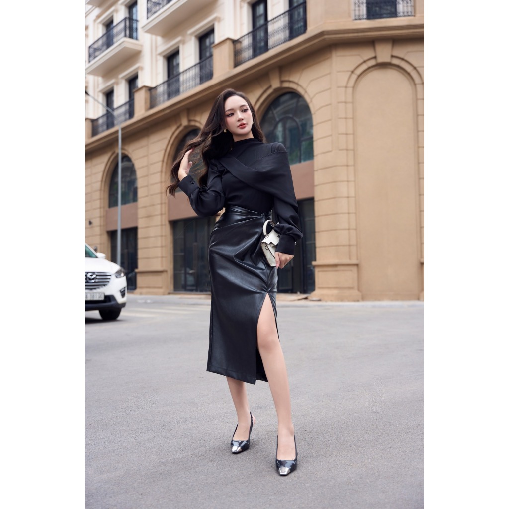 Set Áo rib tay lụa đáp lụa + Chân váy da chân váy lửng sẻ trước Rowena ECLIPSE CLOTHING