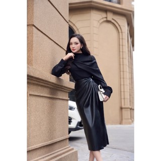 Set Áo rib tay lụa đáp lụa + Chân váy da chân váy lửng sẻ trước Rowena ECLIPSE CLOTHING