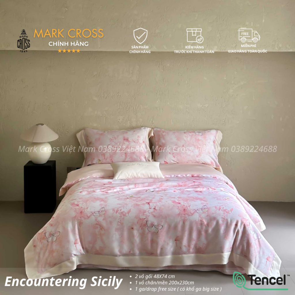 Mark Cross Encountering Sicily Hồng - Bộ Chăn ga cao cấp Mark Cross Tencel 120s Công nghệ Ice Core t
