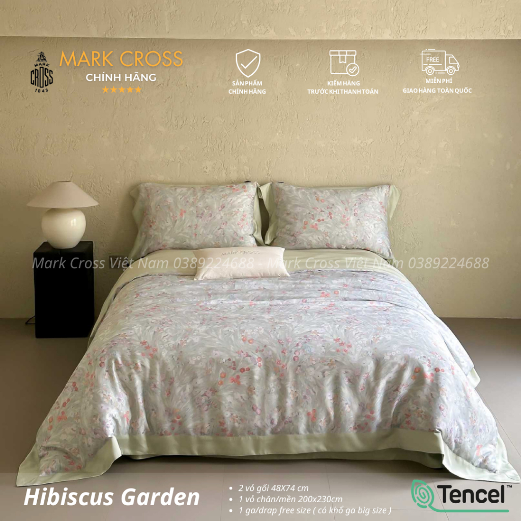 Mark Cross Hibiscus Garden Xanh - Bộ Chăn ga cao cấp Mark Cross Tencel 120s Công nghệ Ice Core tự là