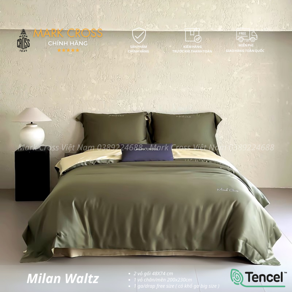 Mark Cross Milan Waltz Xanh Rêu - Bộ Chăn ga cao cấp Mark Cross Tencel 120s Công nghệ Ice Core tự là