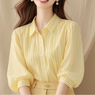 Áo sơ mi nữ tay ngắn, áo kiểu nữ tay lỡ màu vàng chanh phong cách Hàn Quốc form rộng