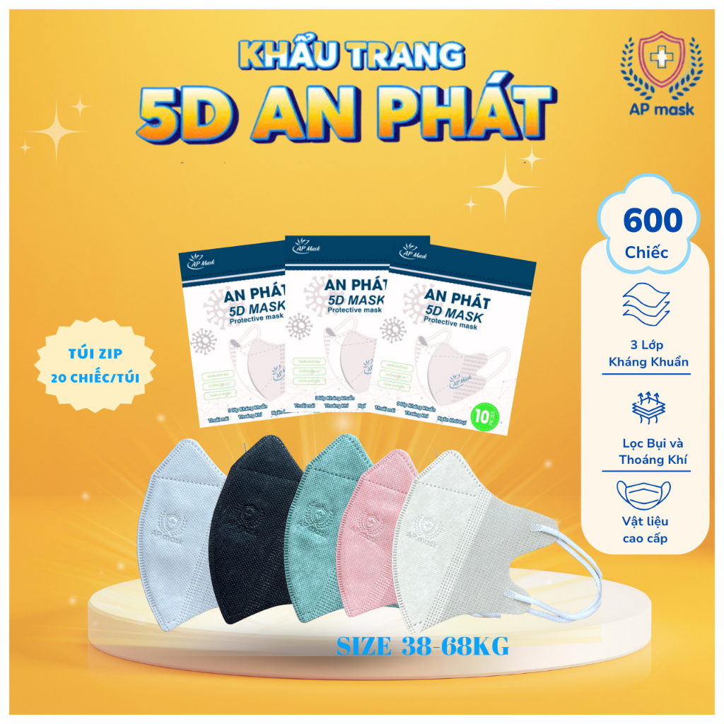 600 chiếc khẩu trang 5D  An Phát kháng khuẩn, chính hãng, ôm sát khuôn mặt, chống tia UV,