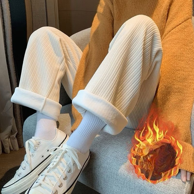 Quần nhung tăm nữ dáng suông dài lót bông ấm áp có dây rút