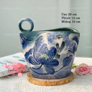 Bình hoa gốm sứ Bát Tràng có quai khắc sen 3D thủ công cao cấp decor trang trí vintage gomdecortsc