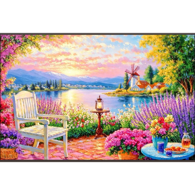 Tranh thêu chữ thập phong cảnh Hoa vườn ấm áp vải kim tuyến 9ct kt 95x65