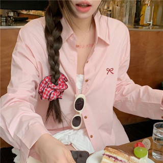  Áo sơ mi thêu nơ màu pastel sơ mi dài tay nữ phong cách Hàn Quốc 