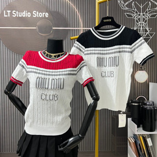  Áo len nữ cộc tay cổ tròn hoạ tiết chữ miu đính đá len pha hai màu basic dễ mặc free size 930 