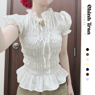 [DEAL MỞ BÁN] Áo Tay Bồng Viền Bèo Bo Nhún Smocking Mặc 2 Kiểu Nữ Tính - Chinh Trần Store