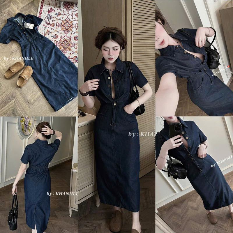 VÁY SƠ MI JEANS BÒ CỘC TAY KHUY DÁNG DÀI SIÊU HOT