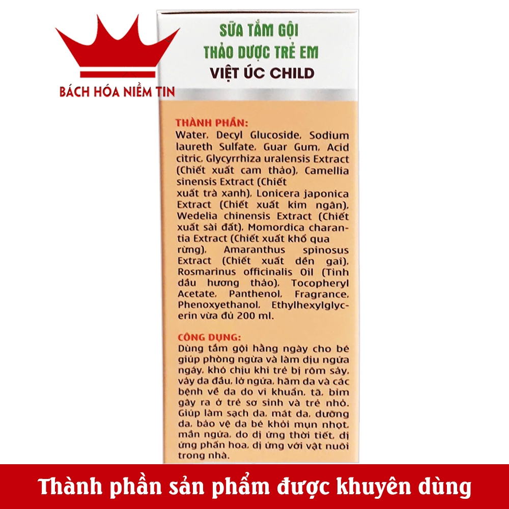 Sữa tắm gội thảo dược cho trẻ em Việt Úc Child - Thành phần thảo dược tự nhiên, an toàn cho làn da bé - Hộp 200ml