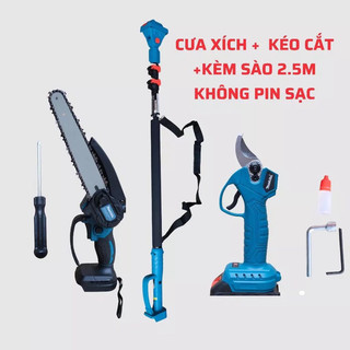 Kéo cắt cành trên cao và cưa xích trên cao dùng pin Makita kèm sào nối dài 2,5m, động cơ không chổi than