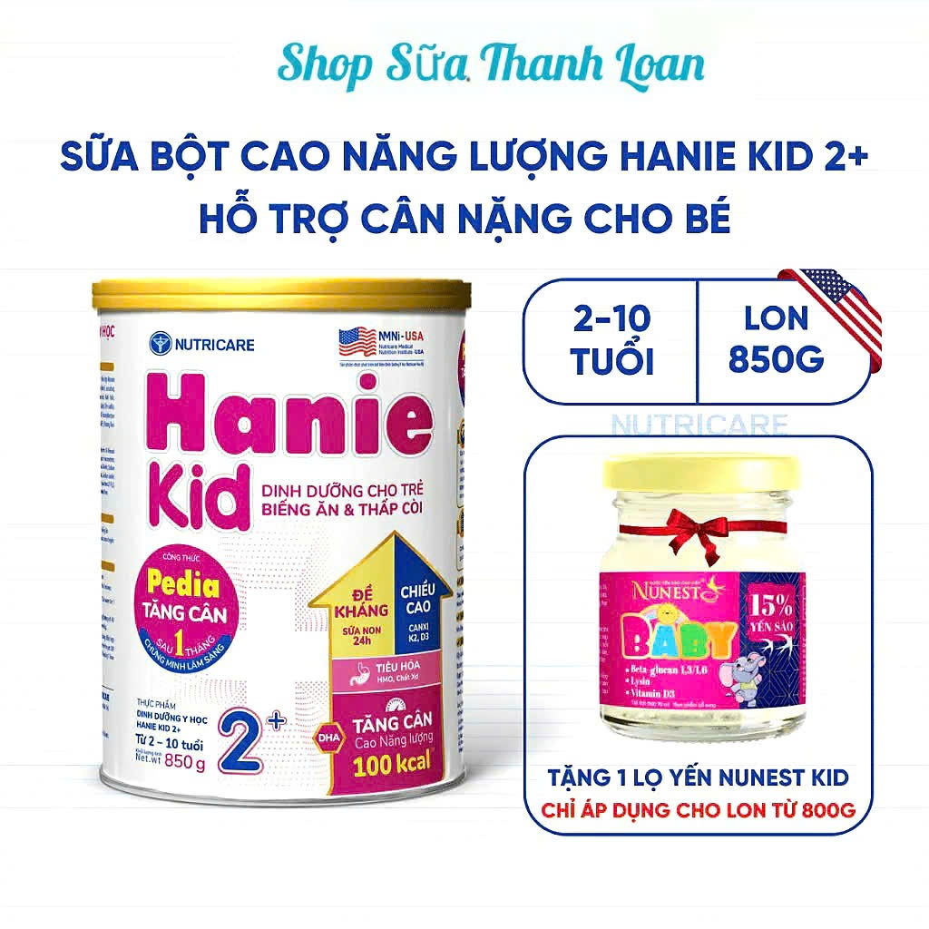 [HSD T5-2027] [Tặng Yến] Sữa Bột Nutricare Hanie Kid 2+ Cho Trẻ Biếng Ăn Suy Dinh Dưỡng 850g.