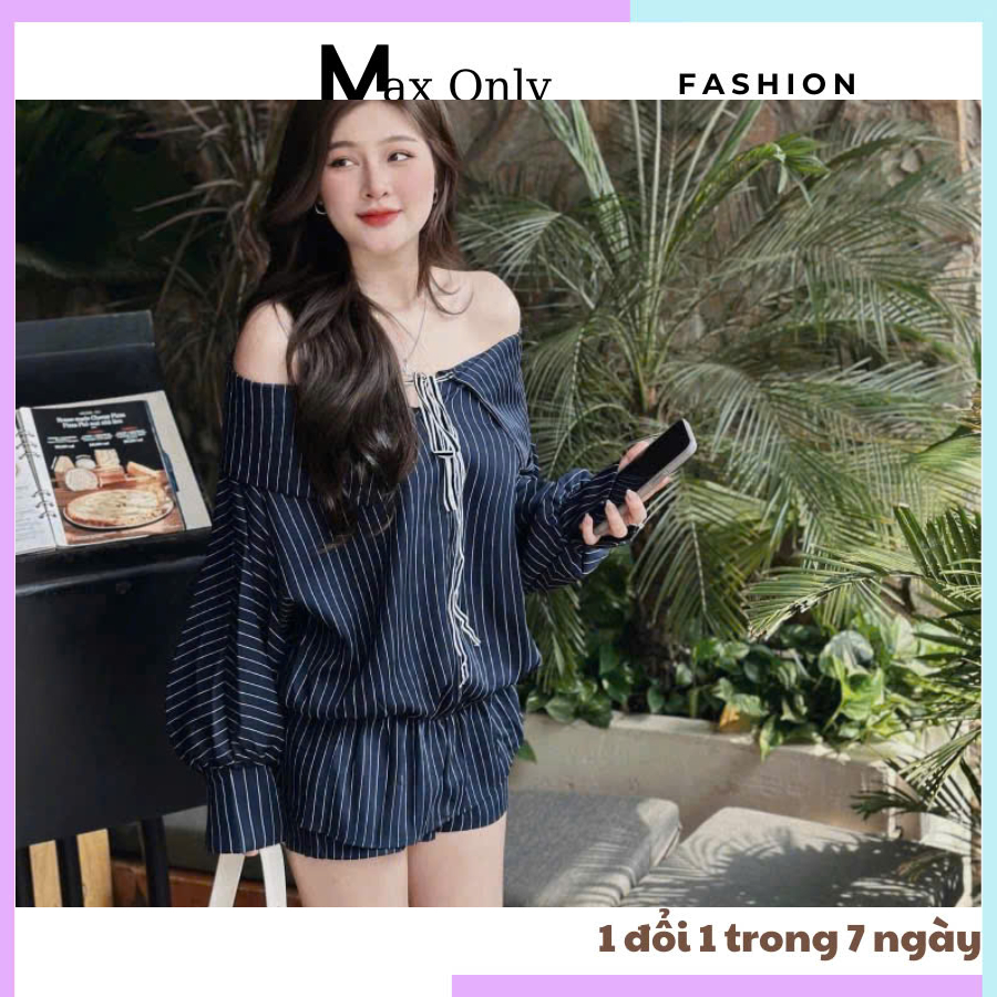 Set bộ jum kẻ nữ gồm áo trễ vai phối dây dài tay form dáng đẹp mix quần đùi trẻ trung, năng động, ho