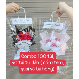 COMBO TỰ DÁN 100 túi, 50 túi bóng kính đựng hoa có quai xách( gồm quai, tem và túi bóng)