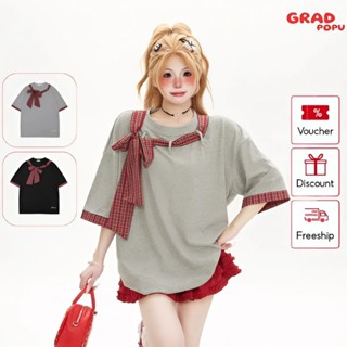 Áo thun kiểu nữ GRADPOPU PAT155 cổ tròn thiết kế dây caro đeo, áo phông tay lửng form rộng phong cách mới