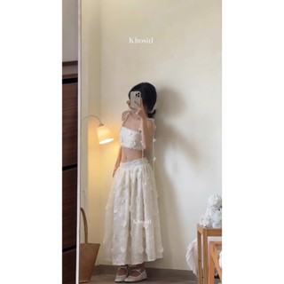 |Khositl| set áo crop cột dây hoa + chân váy xòe