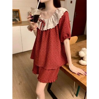 TN11 Bộ Pyjama đùi trễ vai hoa đỏ nhí siêu xinh