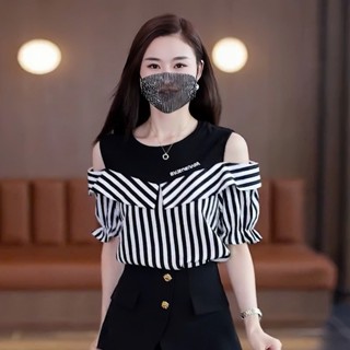  Áo Thun Tăm Phối Lụa Tay Ngắn Hở Vai Giả Hai Lớp Phong Cách Hàn Quốc Thời Trang Mùa Hè Thời Thượng DT86 