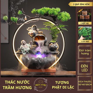  Thác Nước Phong Thủy Bình Hồ Lô Tượng Phật Di Lặc Để Bàn Kèm Đèn Led Qùa Tặng Phong Thủy Tặng Sếp 