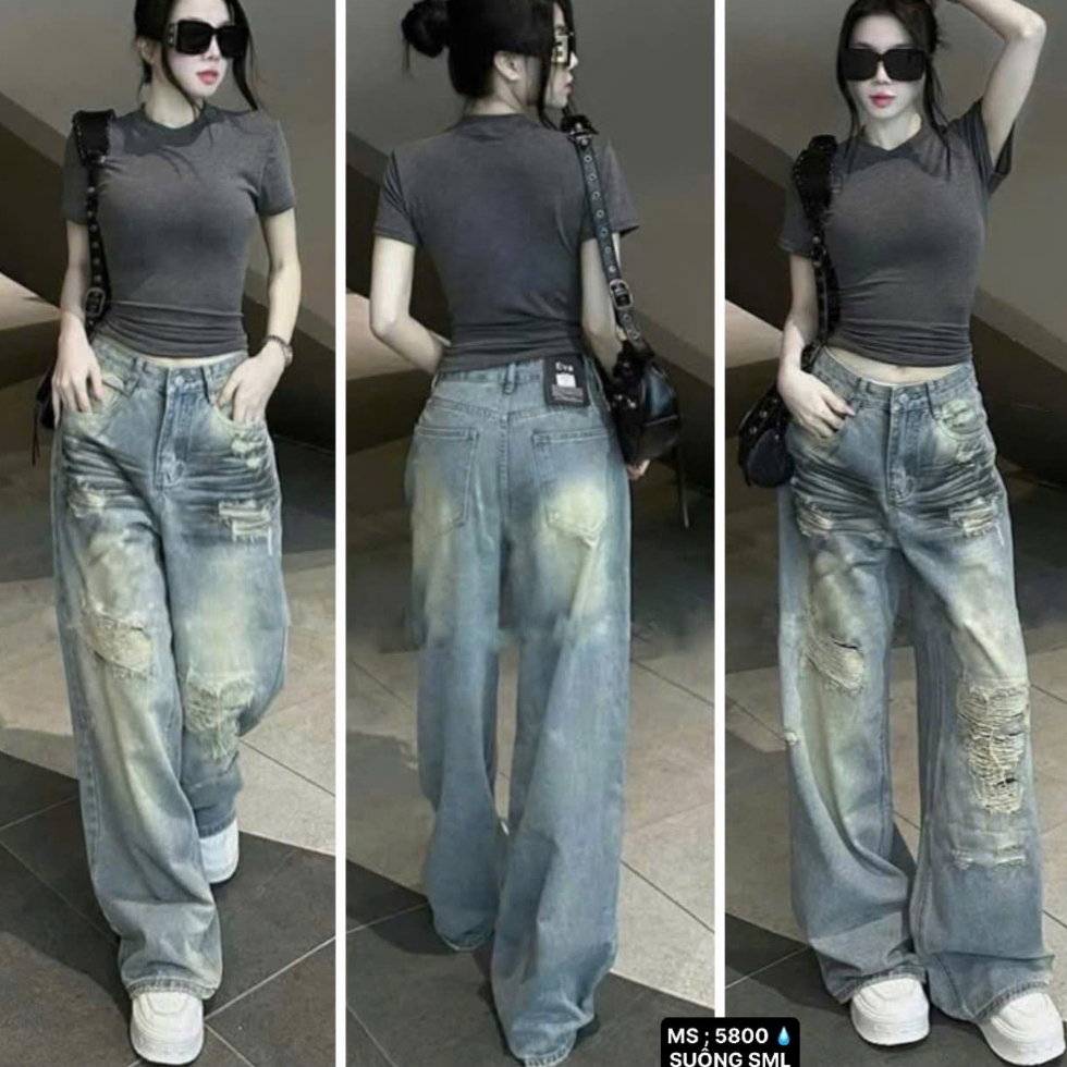 QUẦN JEAN NỮ UNISEX CHẤT BÒ ỐNG RỘNG XANH WASH RÂU MÈO HÀN QUỐC - DUBAI FASHION