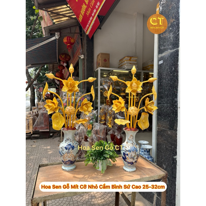 Hoa Sen Gỗ Mít Cỡ Nhỏ, Cắm Bình Sứ Cao 25-32cm(Kèm Đế Gỗ Cắm)-Giá Của 1 Bộ Cắm 1 Bình,Không kèm Bình.