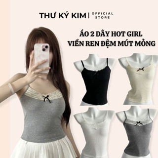 Áo 2 dây cổ tim chất cotton phối ren kèm nơ mini CÓ ĐỆM MÚT MỎNG xinh xắn nữ tính freesize dưới 55kg