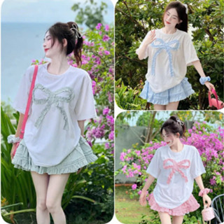 Sét Váy 3 Món Gồm Áo Thun Trắng Nơ To Nhún Bèo + Chân Váy Kẻ Xoè + Dây Cột ( Đeo Tay)