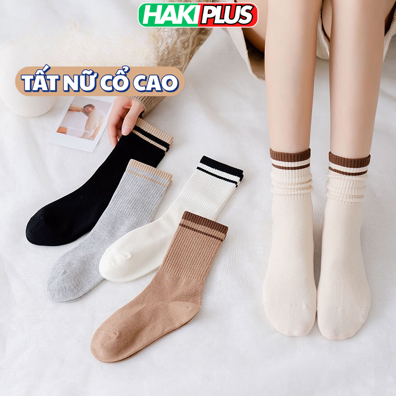 HAKIPLUS Tất cổ cao, vớ cổ cao nam nữ hoạ tiết trơn Vintage nhiều màu thời trang Hàn Quốc TC04