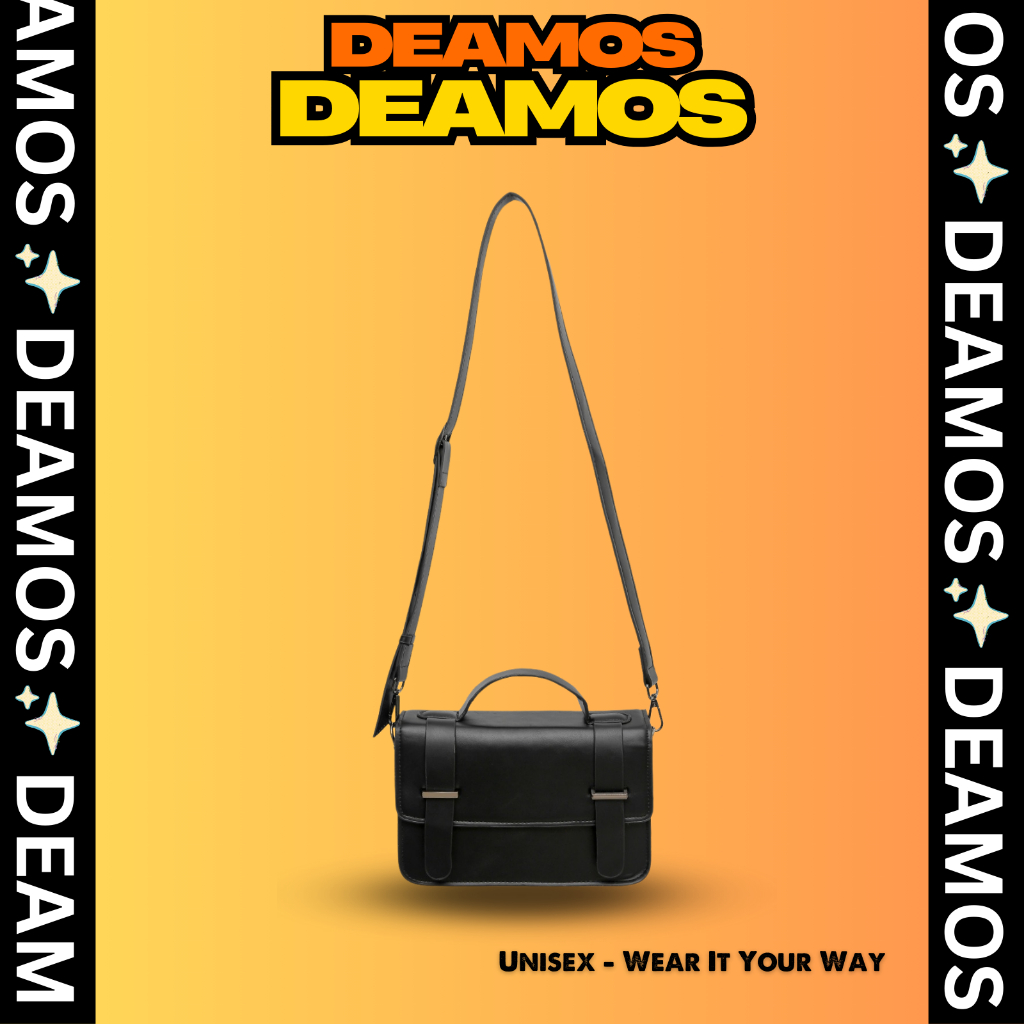 [Tặng bandana] Túi đeo chéo unisex dạng hộp có nắp gập đen trơn Deamos da PU chống nước TD08