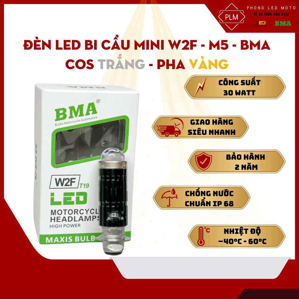 [Hàng Chuẩn BMA] Đèn Pha Bi Cầu W2F 30W Chân Bóng M5 Cos Trắng Pha Vàng Lắp Dream, Wave Nhỏ, Fu1,..