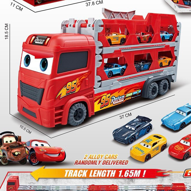 Đồ chơi đường đua xe tải 3 tầng kết hợp đường ray dài 1m65, tặng kèm 6 xe hợp kim Mc Queen - Đồ chơi