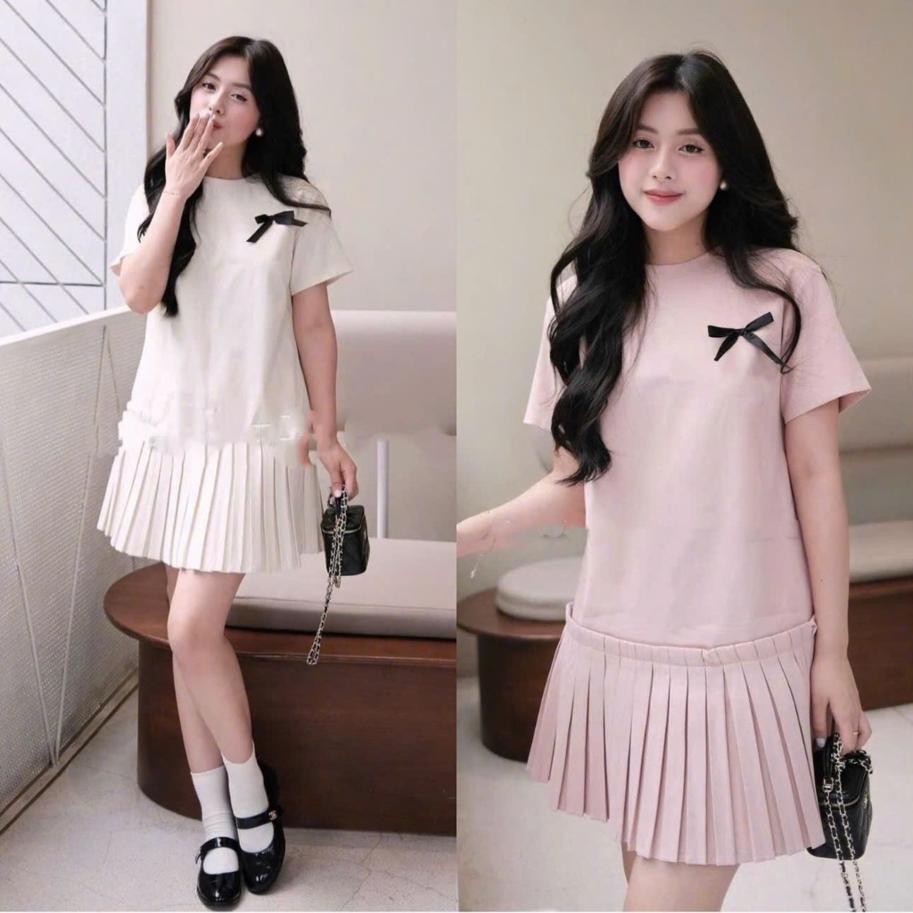 [Hàng Shop]: Váy Suông Babydoll Cộc Tay 2 Màu Đính Nơ Ngực Mini Chân Xếp Ly Đều Đơn Giản (Ảnh Thật T