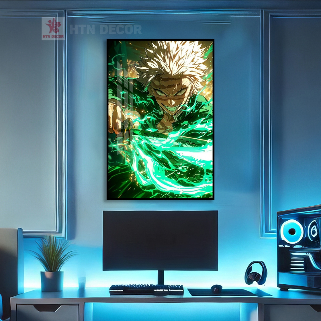 Tranh Anime Thanh Gươm Diệt Quỷ Sanemi Hiệu Ứng LED NOEN cực ảo (GIẢ LED). Tranh dán tường Anime,