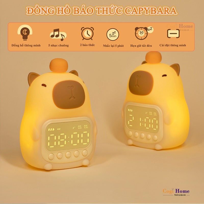  Đồng Hồ Báo Thức Capybara Để Bàn Đồng Hồ Cute Kiêm Đèn Ngủ LED Để Bàn Trang Trí Decor Phòng Ngủ 