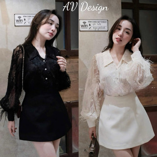  Set đồ nữ Áo Ren Hoa Phối Lôngg Mix Chân Váy Chữ A 2 Màu Đen Kem Siêu Sang Chuẩn Form Mẫu Mặc AV Design 