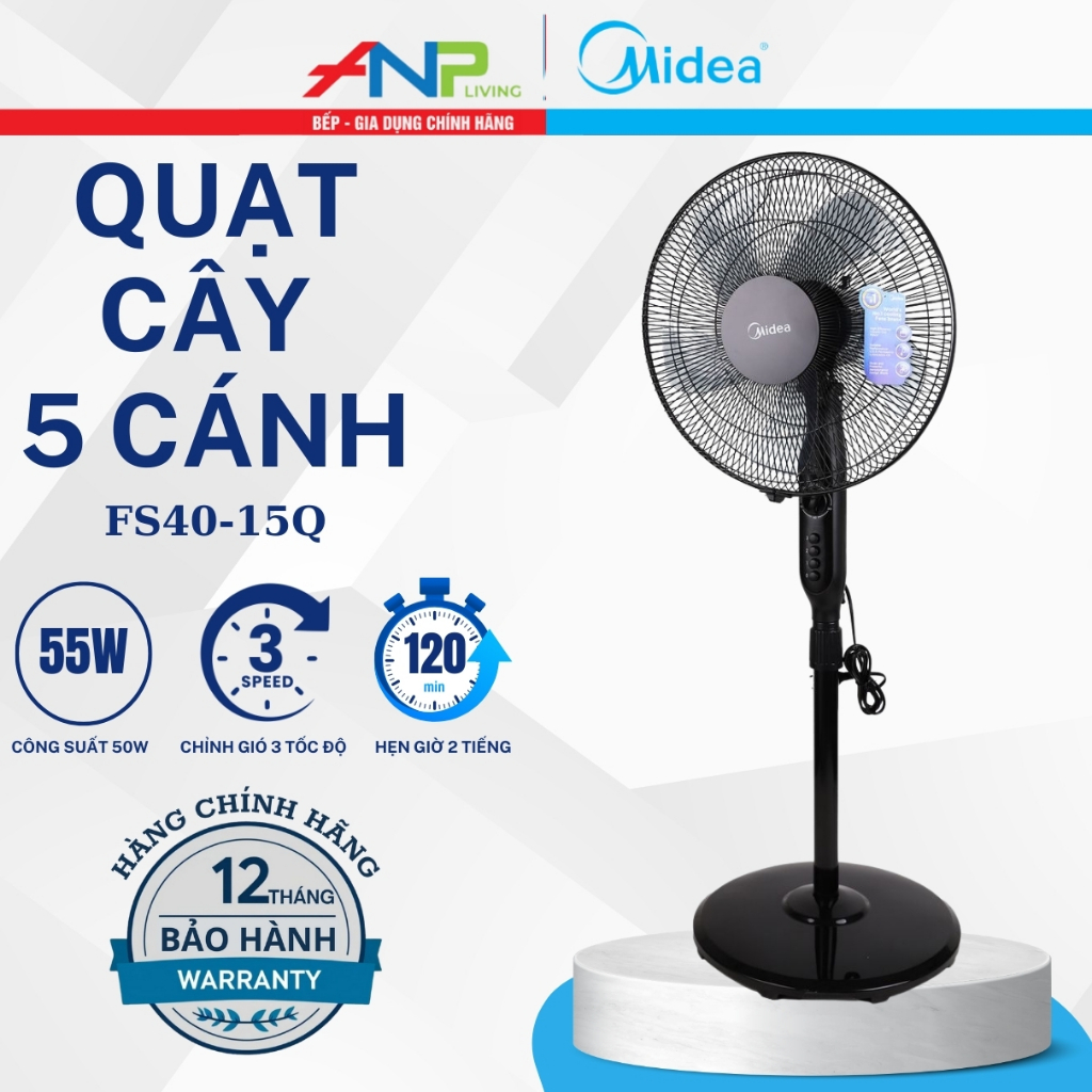 Quạt Điện 5 Cánh Midea FS40-15Q (Công suất 50W, Chỉnh Gió 3 Tốc Độ, Hẹn Giờ 120')
