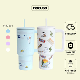Ly giữ nhiệt Snoopy 900/1200ml có tay cầm, ly giữ nhiệt nóng lạnh INOX 304 cao cấp có ống hút - NACUSO