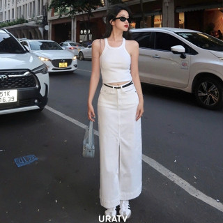 Chân váy jean dài lai to xẻ trước co giãn THF