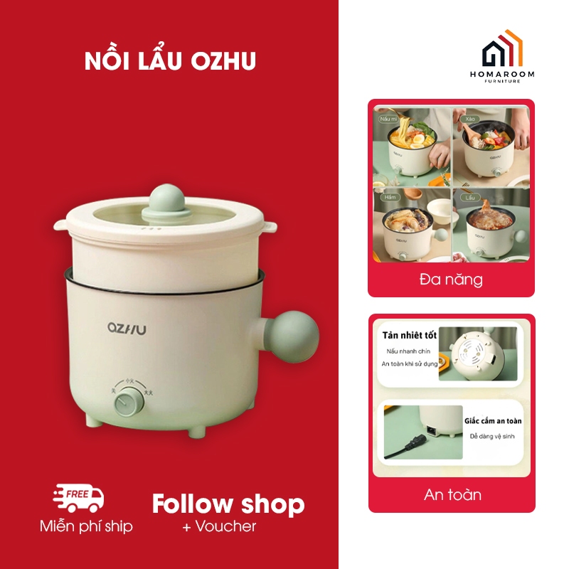 Nồi Lẩu Điện Mini Đa Năng, Ca Nấu Mì Ozhu 2 Nấc Nhiệt Dung Tích 1.8L Công Suất 600W Tặng Kèm Giá Hấp, Bảo Hành 12 tháng